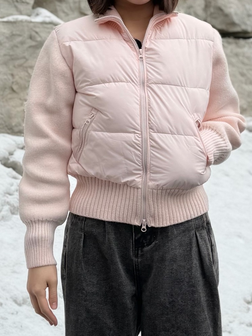 Pink Knitted Crop Puffer Jacket